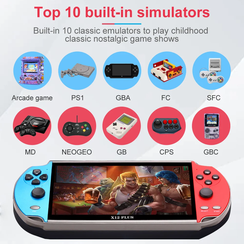 X12 Plus Konsola do gier wideo Retro Handheld 7Inch 1000+ Classic Games Game Player Console Dla PS1 GBA FC SFC MD NEOGEO GB CPS GBC