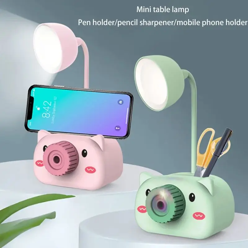 Simpatico cartone animato LED luce di lettura portapenne temperamatite protezione degli occhi luce notturna per studente studio ufficio Mini lampada da tavolo