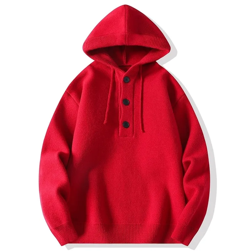 Męskie jesienno-zimowe wysokiej jakości swetry z kapturem z dzianiny Solidny swobodny sweter z dzianiny Męski ciepły sweter z kapturem Streetwear