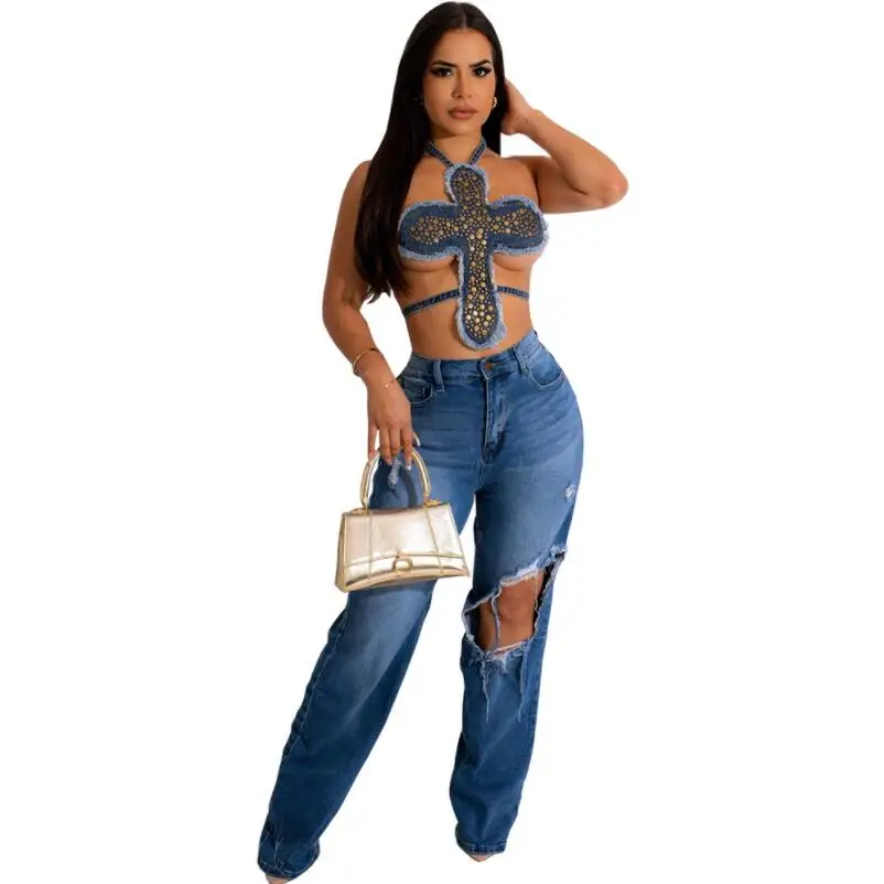 Women Sexy Party Beading Corset Halter Neck Backless Cross Criss Denim Crop Top 2023 Summer Fashion Evening Club Camis Tank w588