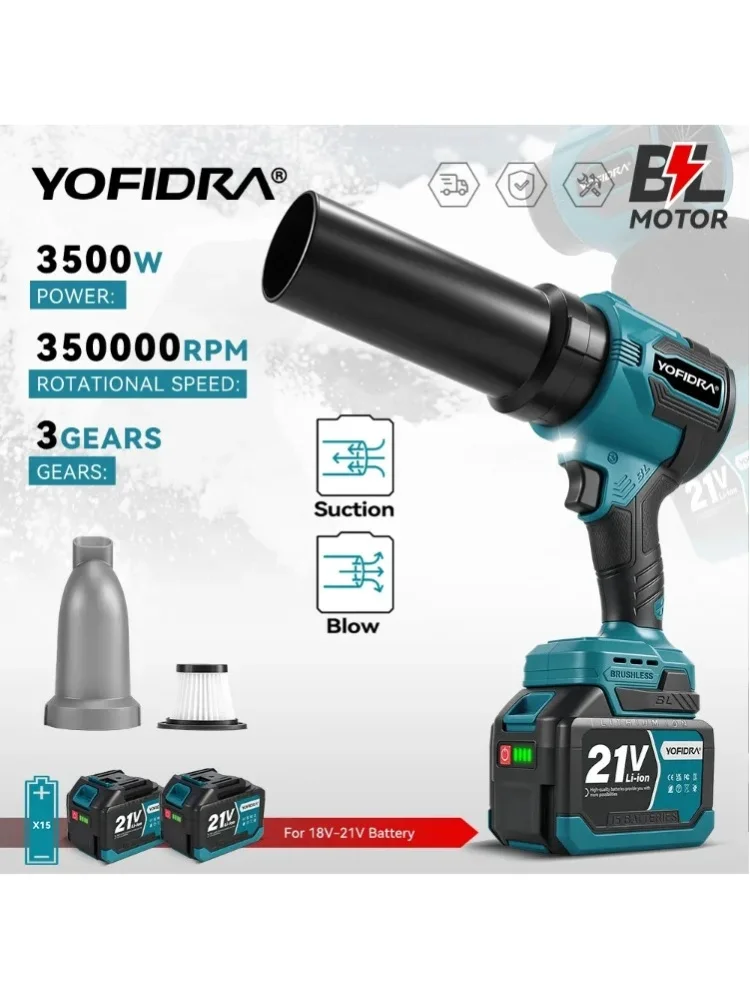 YOFIDRA 2W1 350M/S Bezszczotkowy Elektryczny Wentylator Turbo, Bezprzewodowy Wentylator Jetowy do Odsysania i Odszczepiania Liści i Śniegu, Narzędzia Elektryczne do Akumulatorów Makita 21V — 2