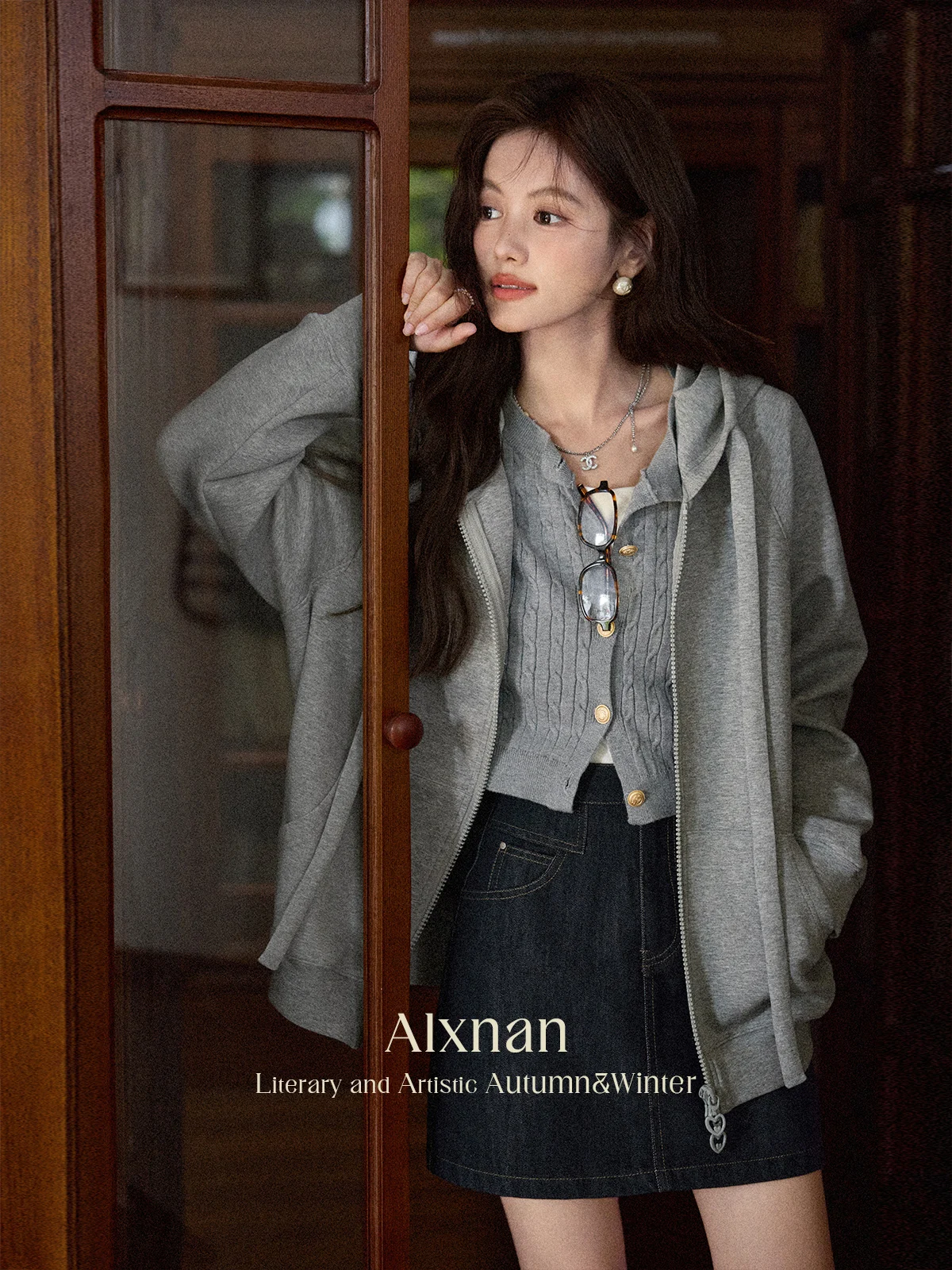 ALXNAN Plus Size Gray Hoodies Double Zipper Women's Sweatshirts Autumn Loose-fit Sports Pockets Casual Long Sleeve Coats D12639