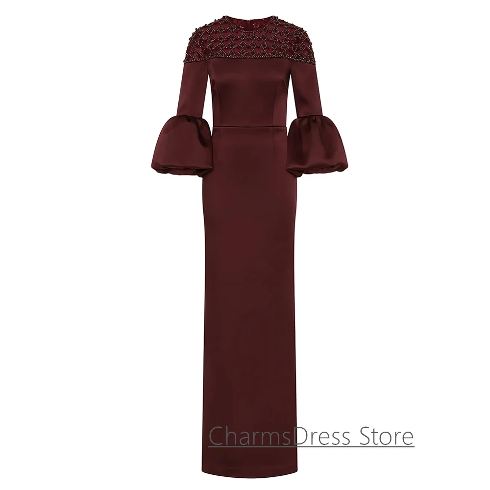 فستان سهرة عنابي مخصص موضة رقبة مستديرة 3/4 أكمام مطرز بالكريستال طول الأرض فستان حفلات المملكة العربية السعودية #5