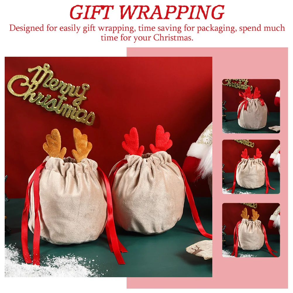 

2 Pcs Antler Bag Lint Bags Drawstring Candy Pouch Christmas Wrapper Decoration Gift Storage Pouches Flannel Lovely Child