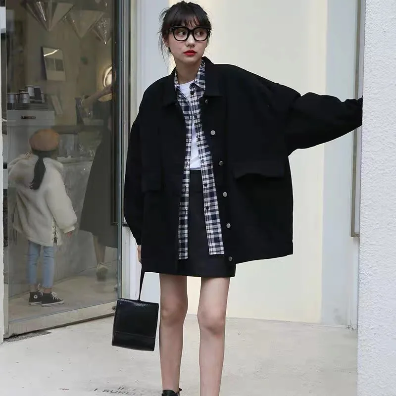 plus Size Vintage Black Denim Jacket Women's Loose Slimming Versatile Harajuku Style Long Sleeve Coat Top Breathable Commute ...