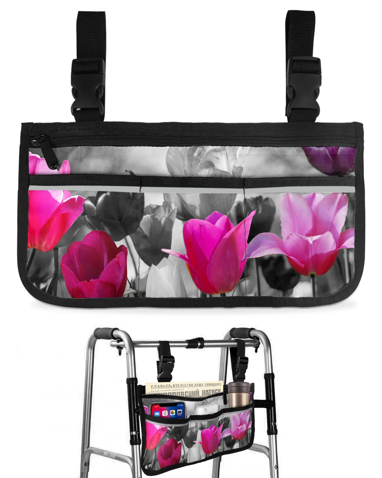 Colorful Tulips Spring Wheelchair Bag With Pockets Armrest Side Bags Electric Scooter Walking Frame Storage Pouch