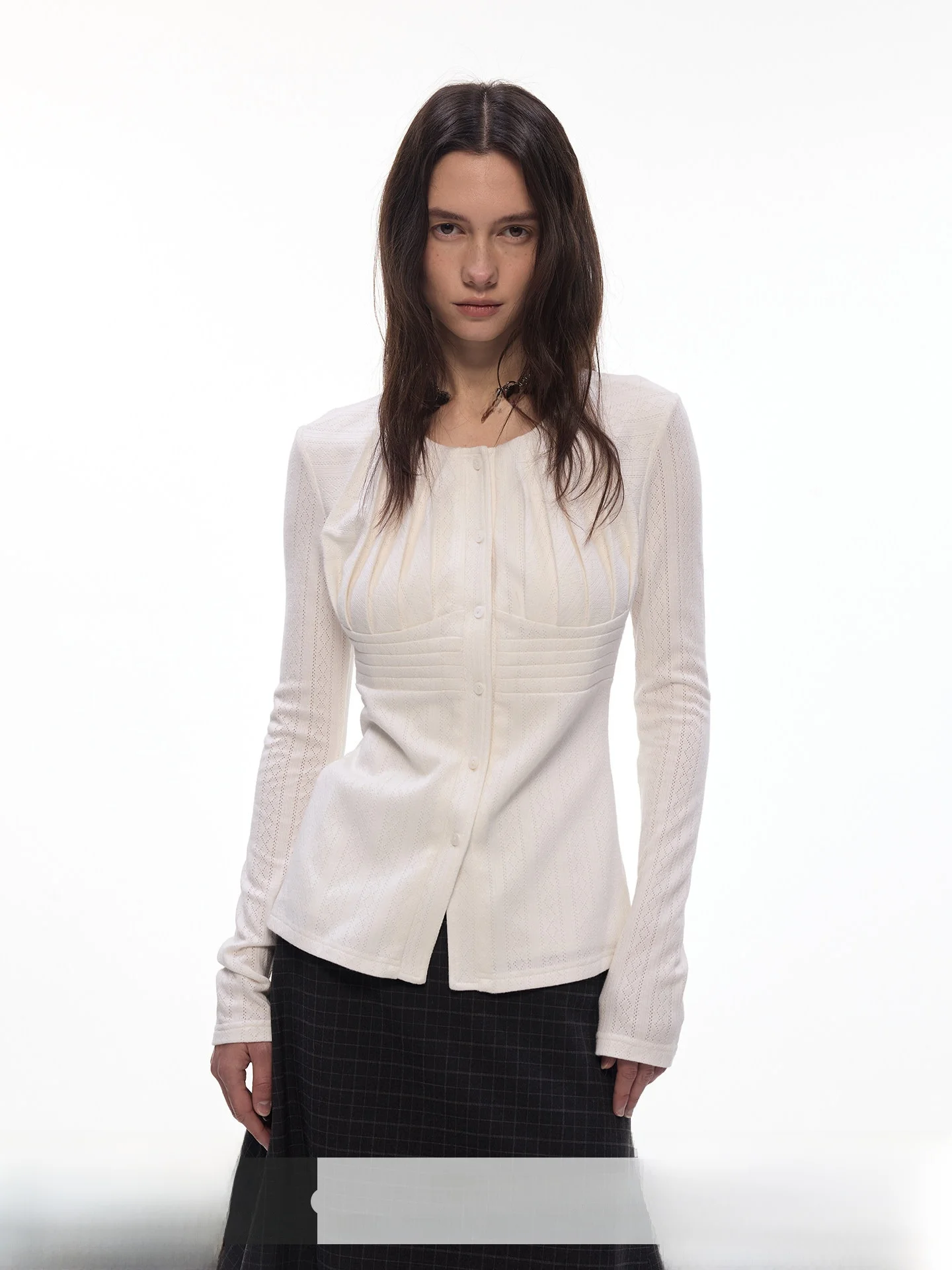 

Elegant Billconch Knitted Shirt with Waist-Cinching Moonlight Pleats in White Hollow out Texture Long Sleeve Knit Cardigan fo...