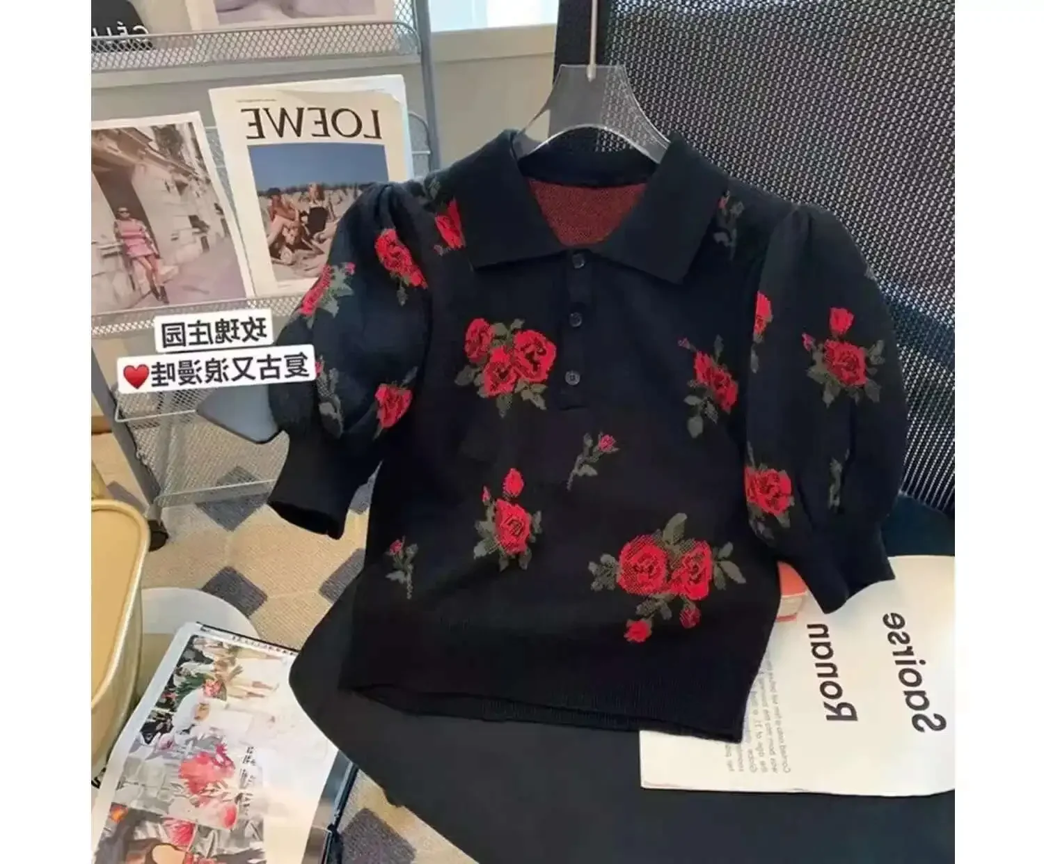 Spring Summer Women Vintage Flowers Turn Down Collar Short Sleeve Knitted Pullover Crop Top Black Sweater Tops Korean