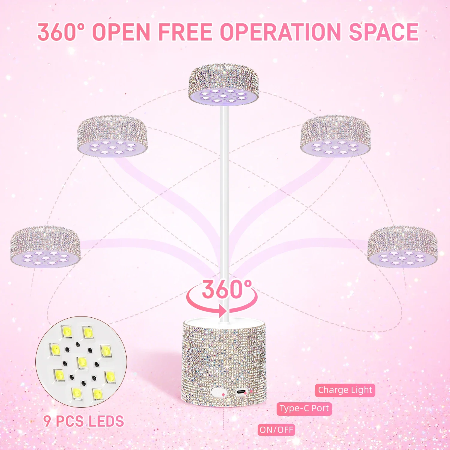 DianaBeauty nagellamp LED UV-nageldroger met zilveren strass 27 W oplaadbare UV-tafellamp met 2 timerinstellingen nagelgereedschap