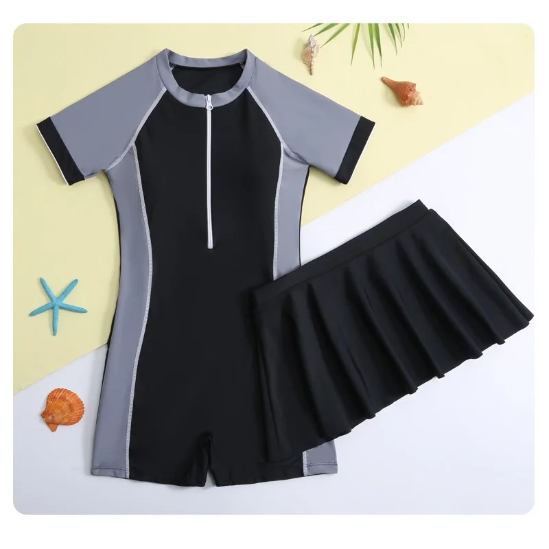 

Girls Swimsuit Sets Summer Whole Swimwear+Skirt Suits Kids One-Piece Bathing Short-Sleeve Swimming Costume Girl Beachwear