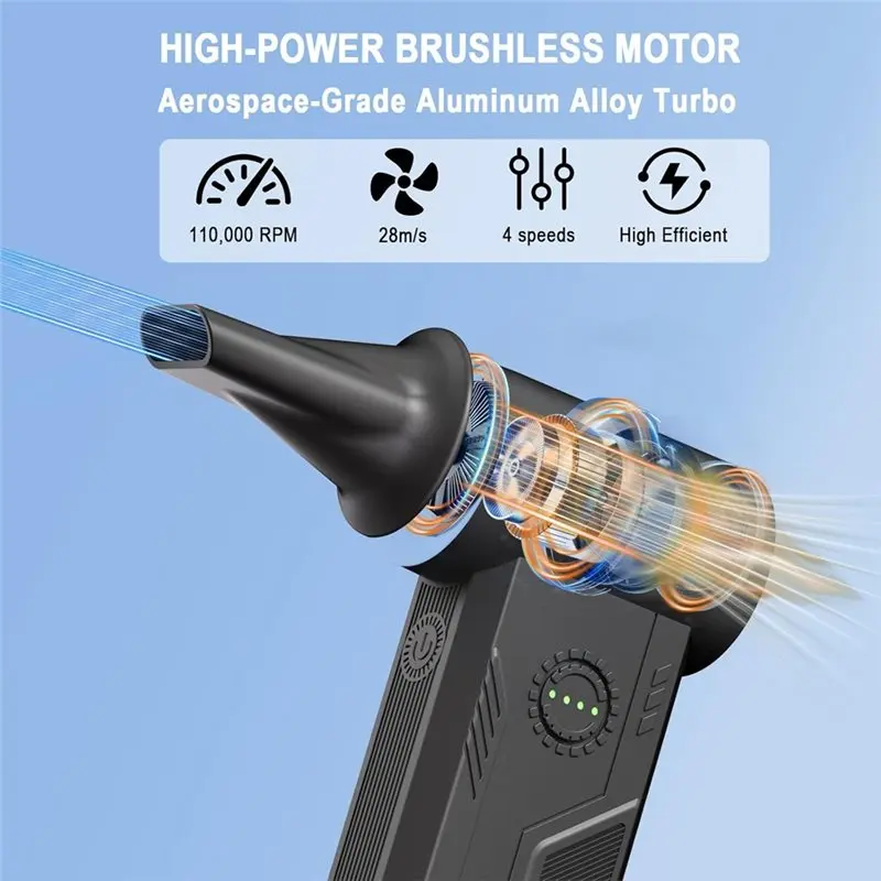 JFB محرك بدون فرش مروحة توربو منفضة هواء كهربائية لاسلكية، منفاخ غبار قابل للتعديل 4 سرعات لتنظيف الكمبيوتر المحمول، منزل السيارة #5