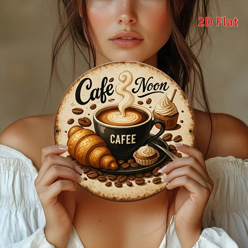 [مسطح 21D] قطعة واحدة من لافتة قصدير الألومنيوم مقاس 8 × 8 بوصة للمقهى - لوحة فنية جدارية مستديرة من الألومنيوم بتصميم كرواسون، متينة