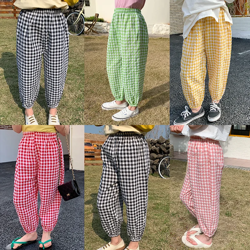 2022 Summer Children\'s Casual Pants Boys Girls Plaid Anti-mosquito Pants for Kids Cotton Trousers Children Joggers Bell Bottom