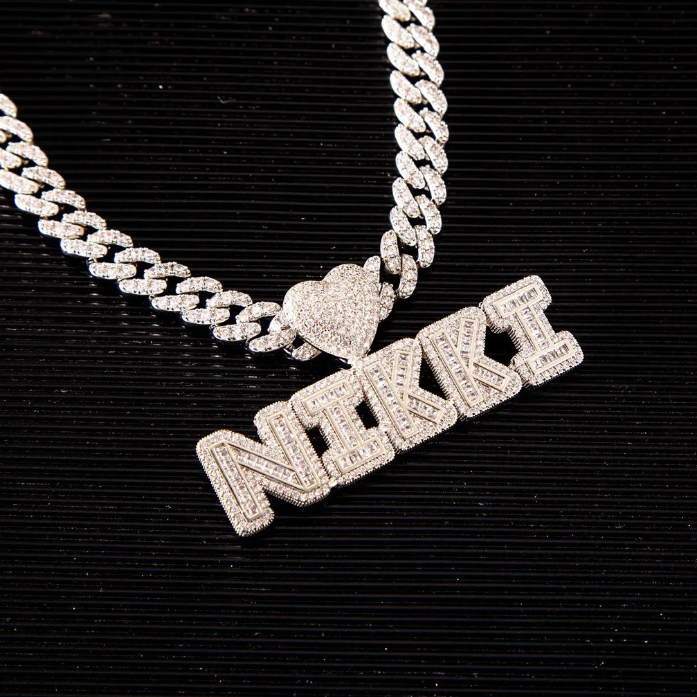 Personalized Zircon Iced Out Letters Necklace Customized Name Necklace with Heart Cuban Chain Necklace for Men Hip hop Jewelry