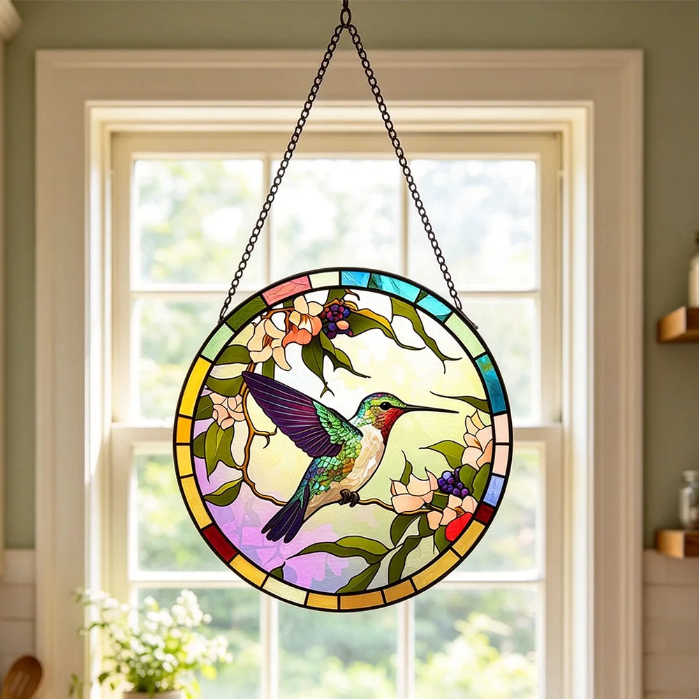 1set Hummingbird Stain Glass Window Hanging Flowers With Metal Chain Handmade Window Hanging For Bird Lovers Home Decoration