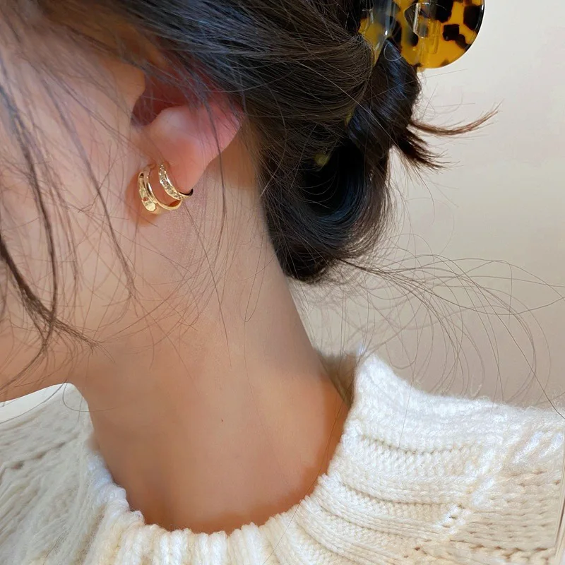 2024 New Vintage Gold Color C-Shaped Stud Earrings for Women Double Ring With Zirconia Temperament Jewelry Party Gifts