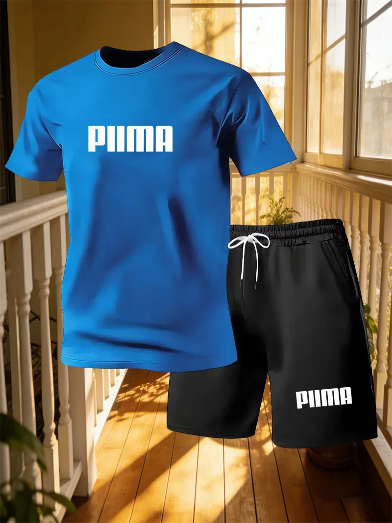New men's short sleeved T-shirt+shorts sports suit personalized design letter print summer casual loose 2-piece set view 2
