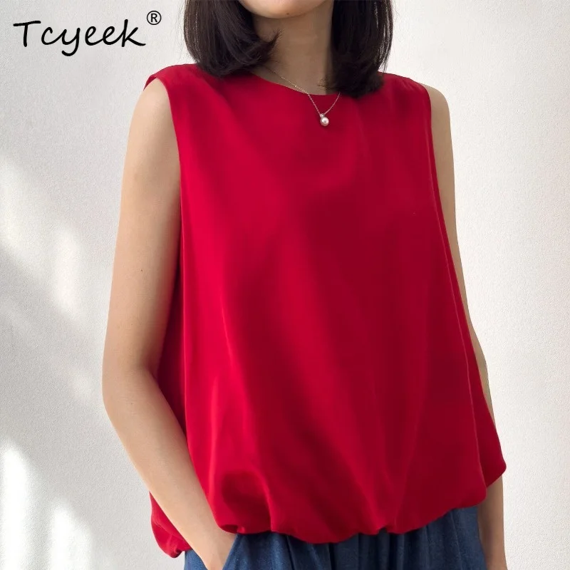 

Tcyeek 100% Real Mulberry Silk Women's Tanks 2026 Summer Red Casual Round-neck Elasticated Hem Vest Clothes for Woman Ropa Mujer