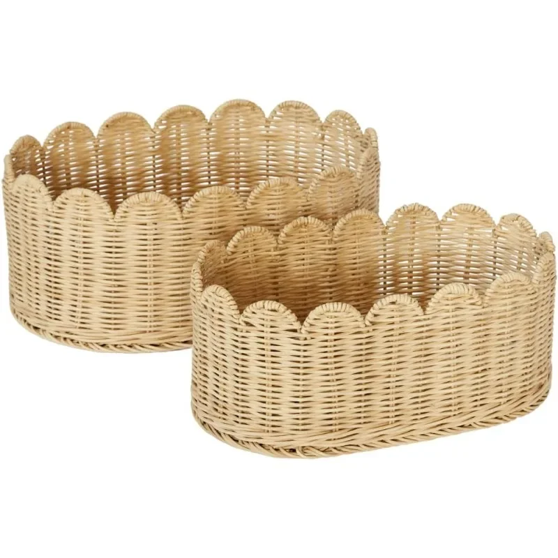 

Premium Scalloped Basket Set Of 2 - Scallop Basket - 16 x 10 x 7 Inch - Hand-Woven Elegant Wicker With Scalloped Edge