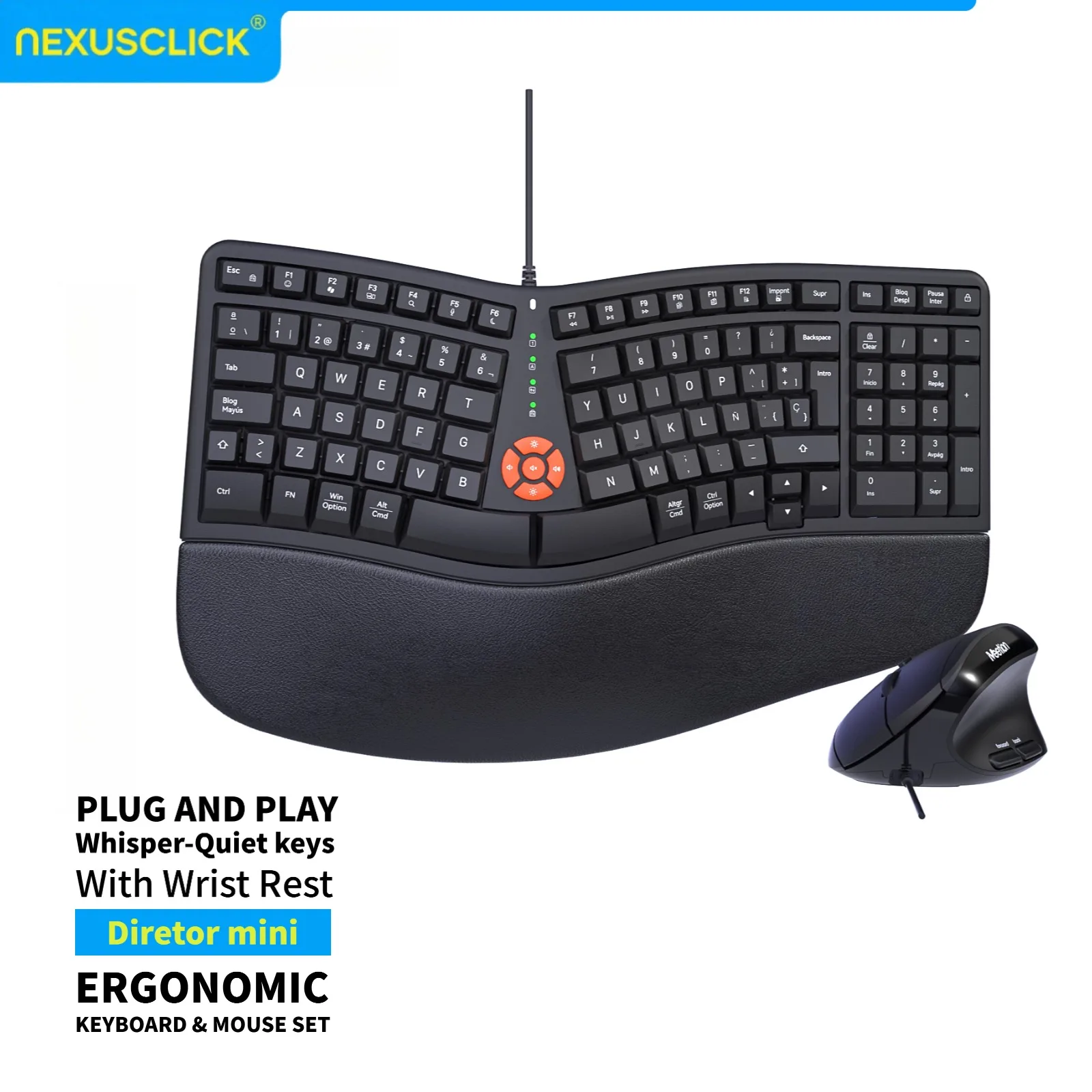 

NexusClick Ergonomic Split Keyboard and Mouse Set,Wired Plug and Play,Quiet Keys,Leather Wrist Rest,Adjustable DPI for PC Office