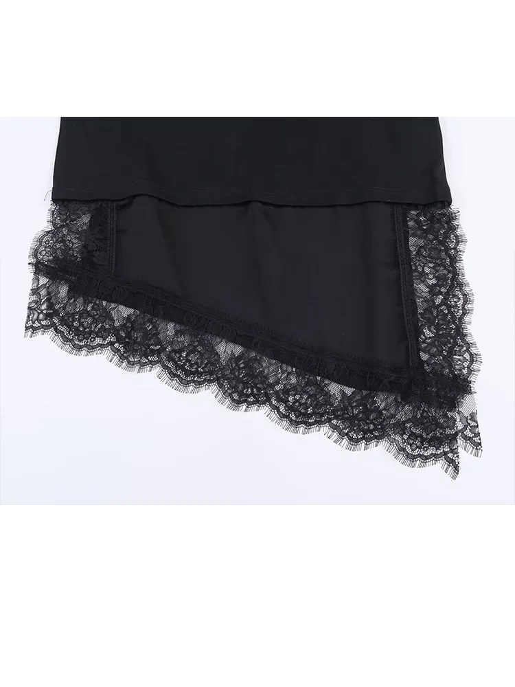 

HH Spring Woman Splice Lace Decoration Short Sleeves Asymmetrical Round Collar T-shirt Female Chic 2-Color Elegant Solid Tops