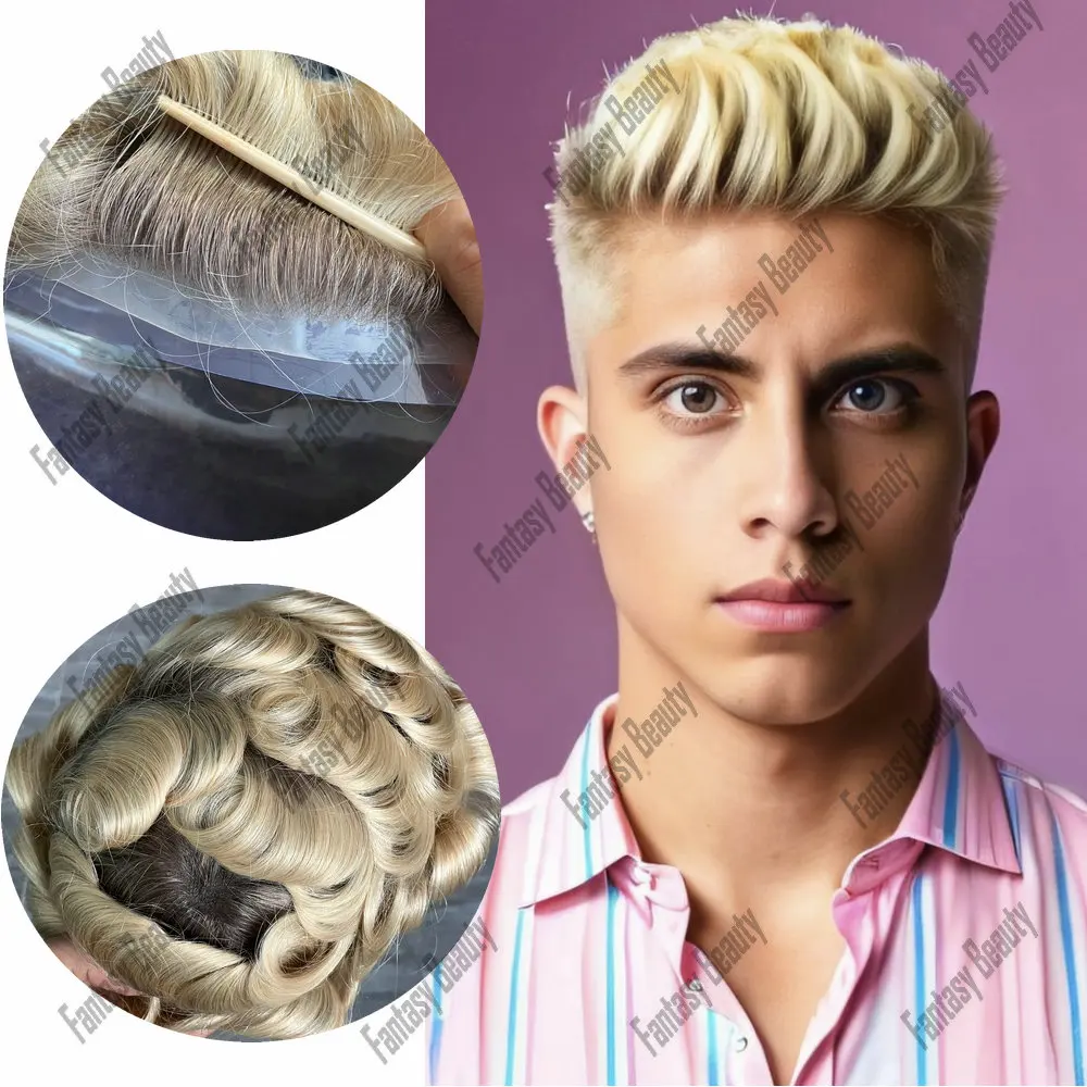 Light Roots Ombre #613 Men Toupee Human Hair Natural Hairline Durable Vlooped Full Skin Base Men's Capillary Prosthesis System