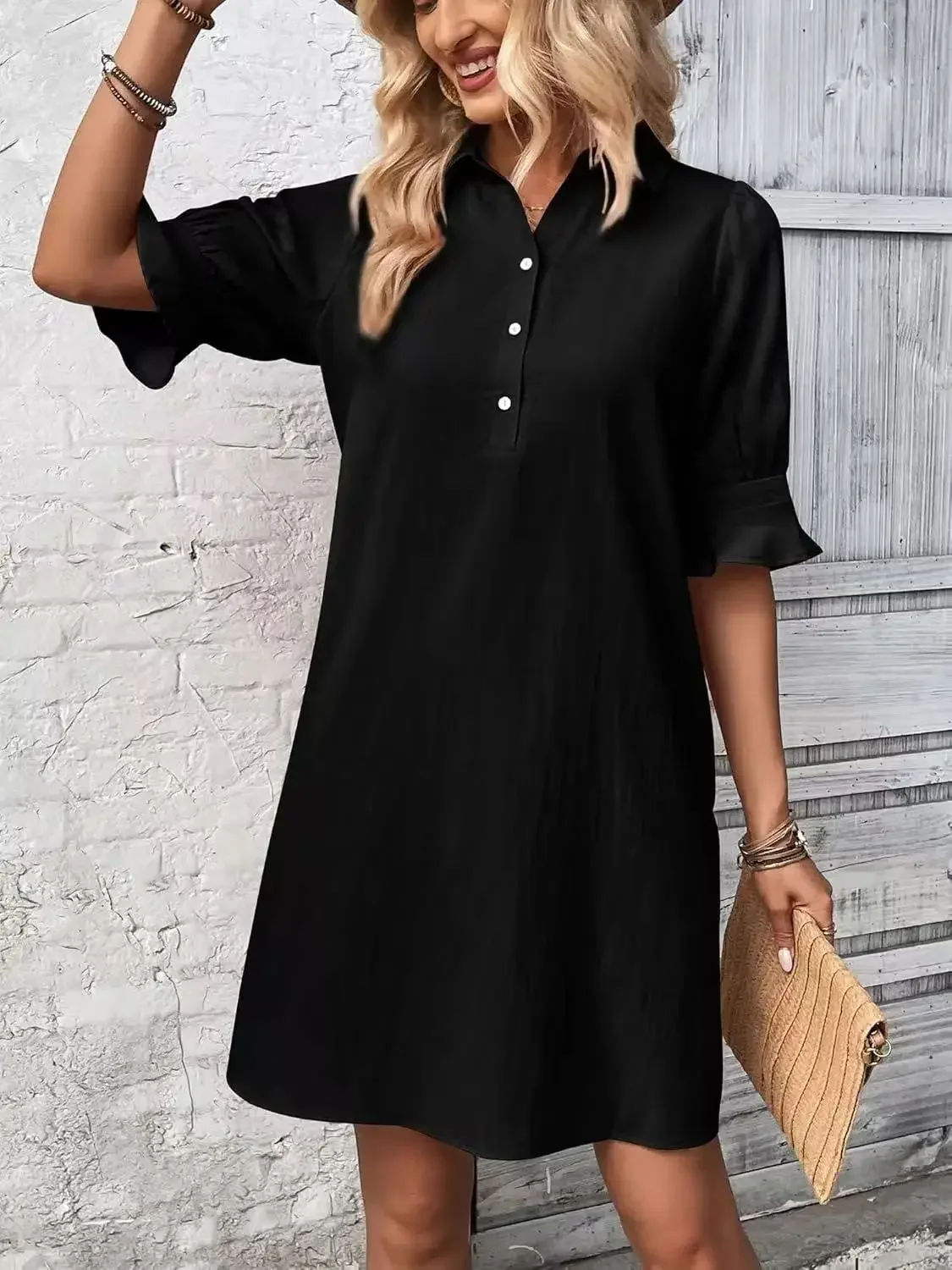 2025 Women Casual Shirt Dress Ruffle Sleeve Solid Color Button Down Shift Summer Dress With Pocket Spring Outfits Clothing Black