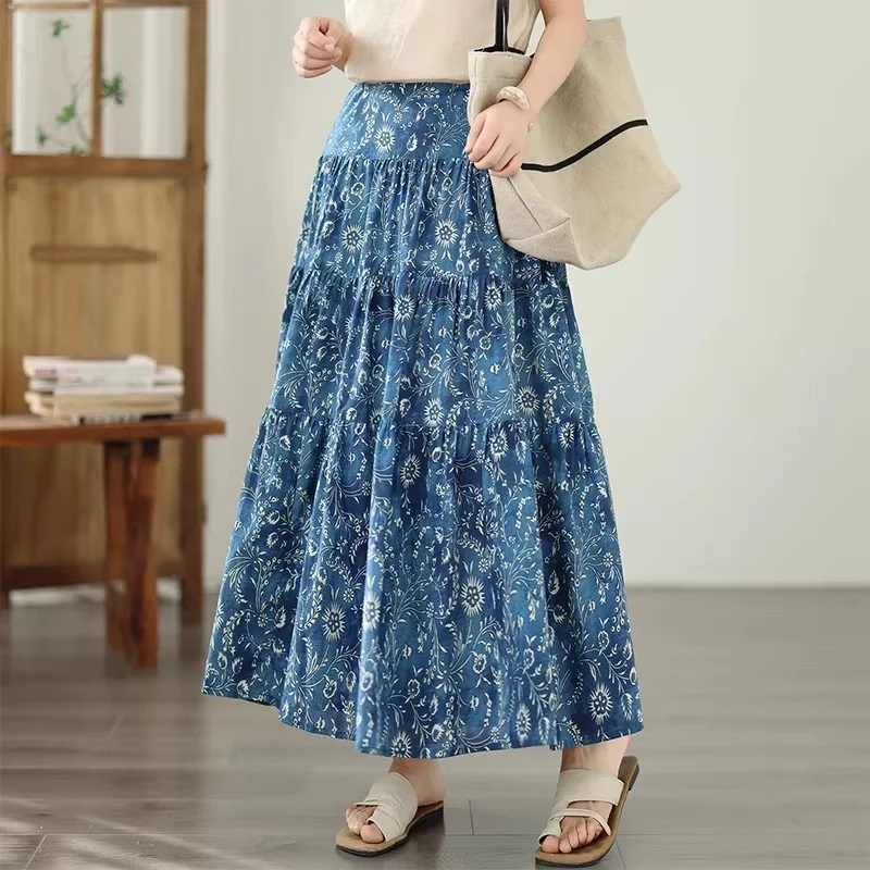 Spring and summer cotton and linen printing dyeing pastoral style splicing skirt floral skirt elastic waist A-line skirt J423