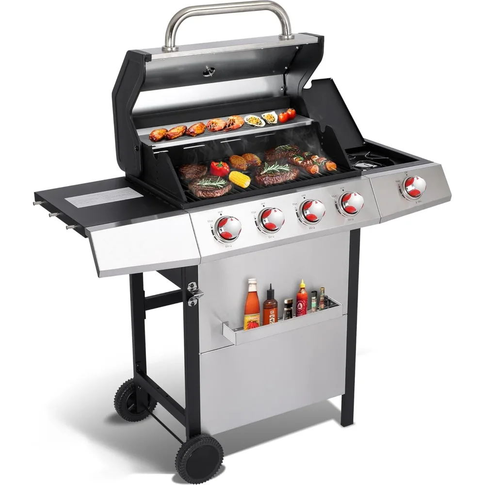 

Burner Propane Gas Grill Combo w/Side Burner, 3-in-1 BBQ Grill with Charcoal Smoker & Griddle Plate, 46,750 BTU, 448 Sq.In. St