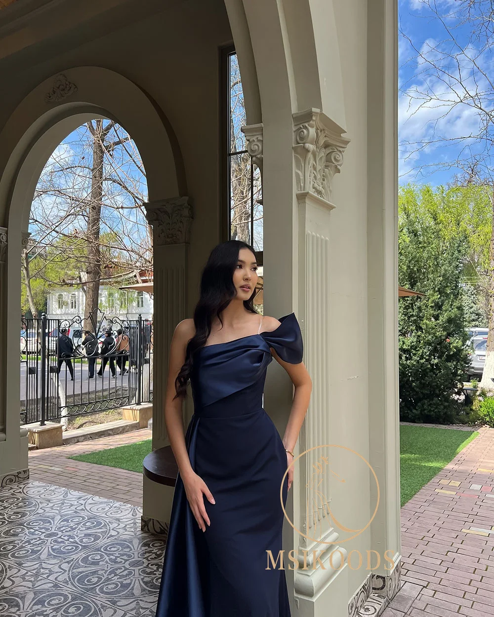 Sukienka wieczorowa Msikoods, granatowa, na jedno ramię, drapowana, elegancka, długa do podłogi, na studniówkę, sukienka formalna, sukienka na przyjęcie, możliwość personalizacji