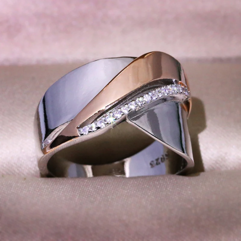 Stainless Steel Ladder Square Zircon Ring Female Simple Electroplated Rose Gold Two-Color Bow Cross Ring