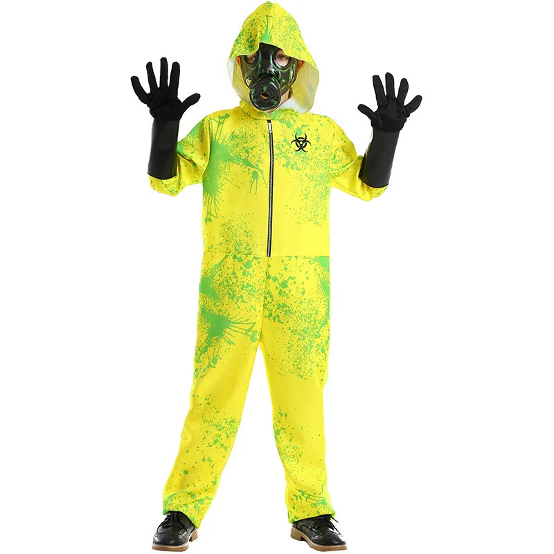 Evil Zombie Hazmat Cosplay Kids Hazmat Suit And Mask Costume For Purim Outfit Boys Yellow Biochemical Radiation Jumpsuit