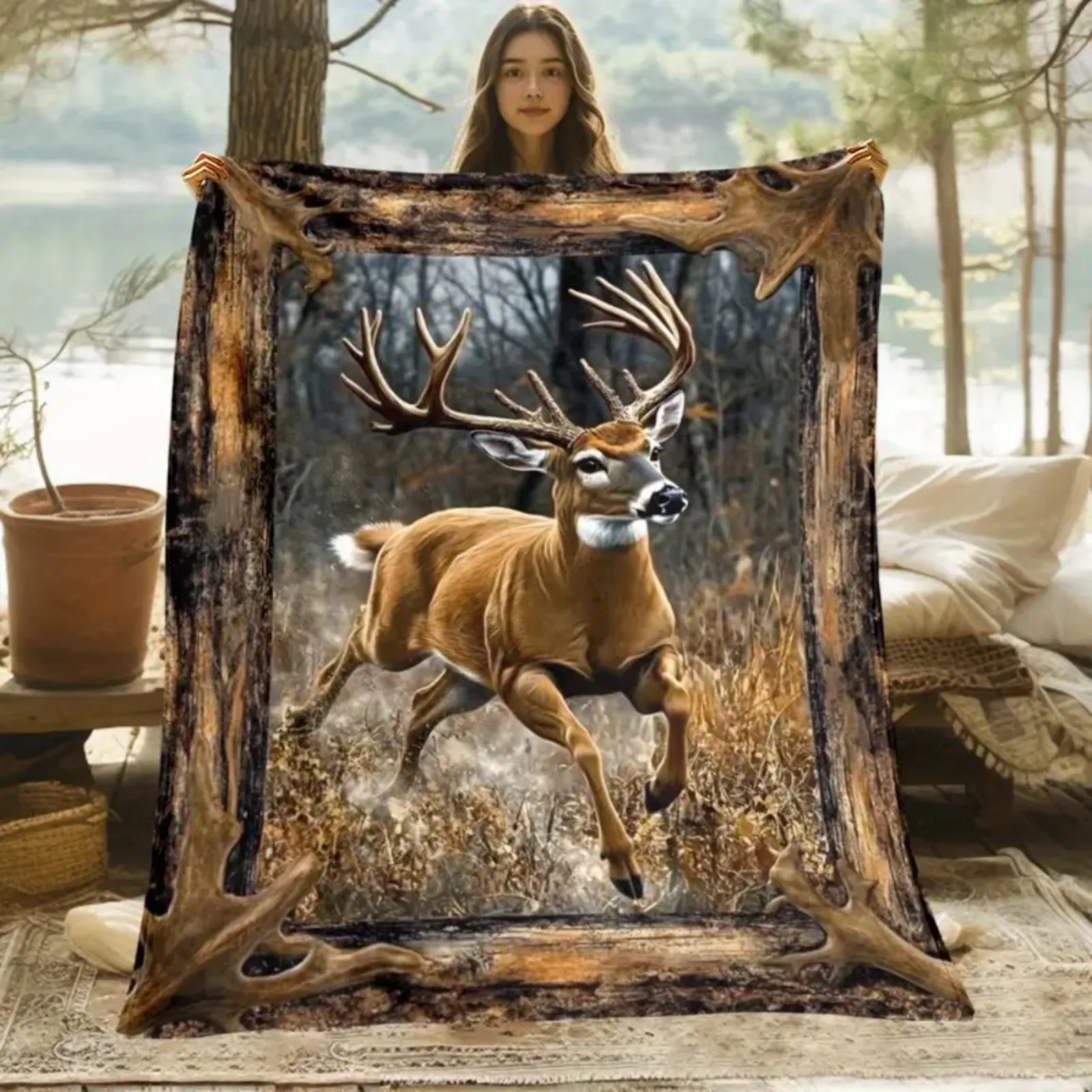 Antler Frame Running Deer Nature Fleece Blanket for Rustic Bedroom Decor Lightweight Plush Throw Blanket Accent