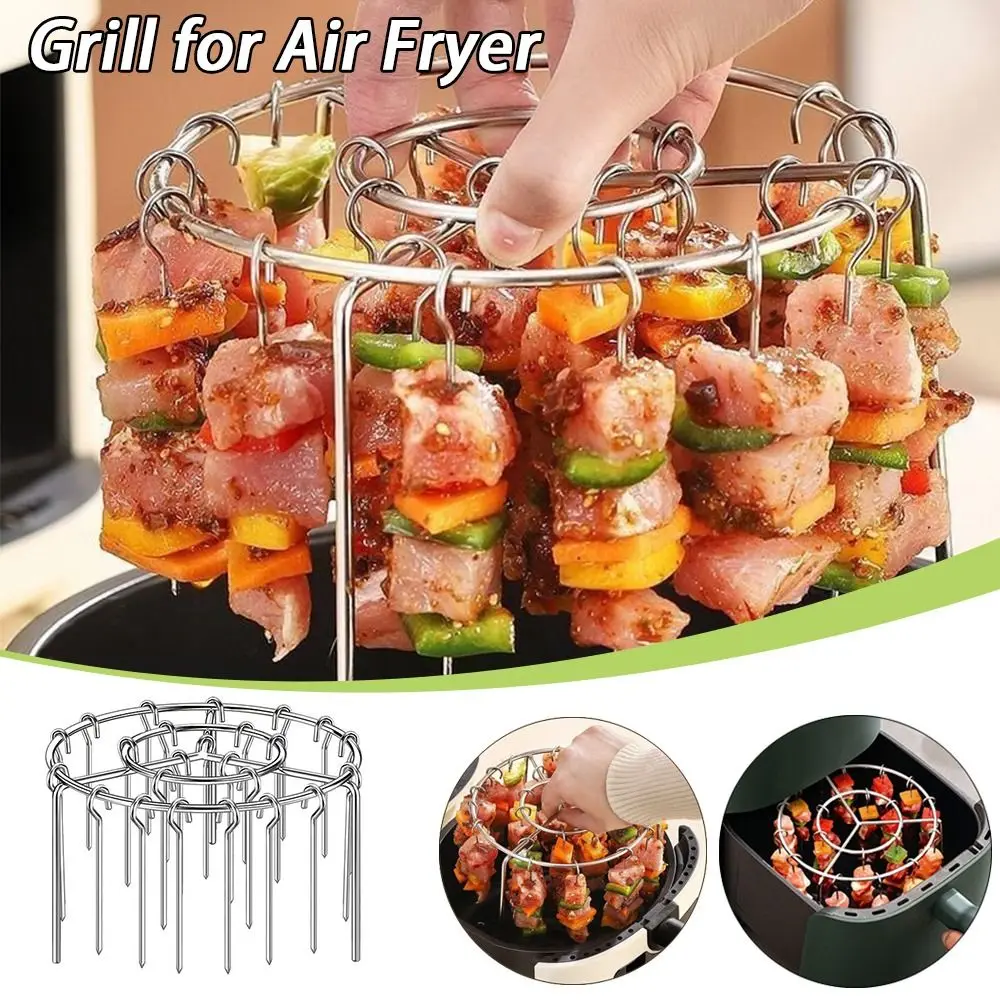 

Portable Stainless Steel Air Fryer Grill Round with Grilled Skewers Barbecue Grill Vertical Grill Rack for Home Kitchen Outdoor