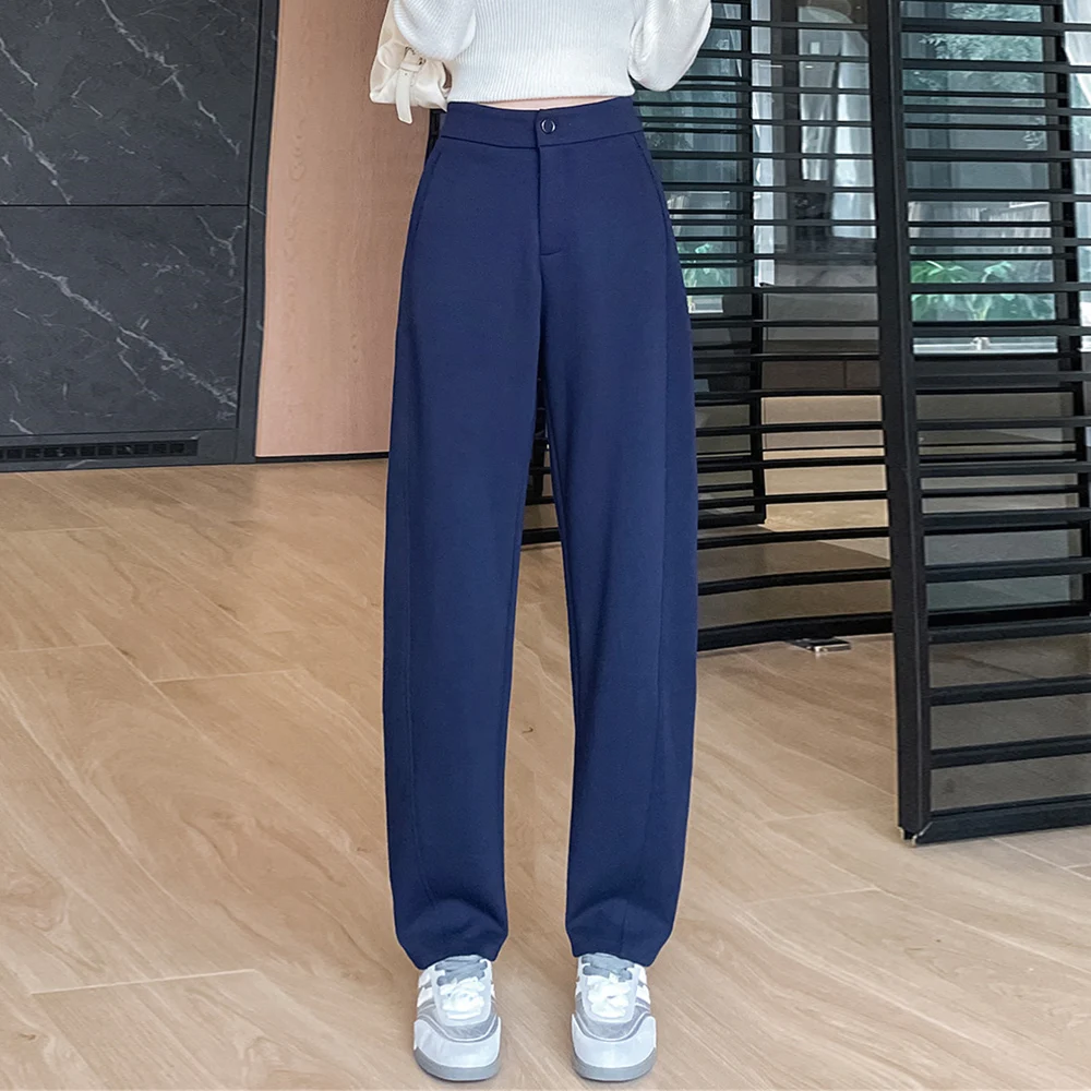 

Темно-синие банановые брюки в европейском стиле для женщин на осень и зиму, новые высококачественные хлопковые модные повседневные брюки больших размеров Haren