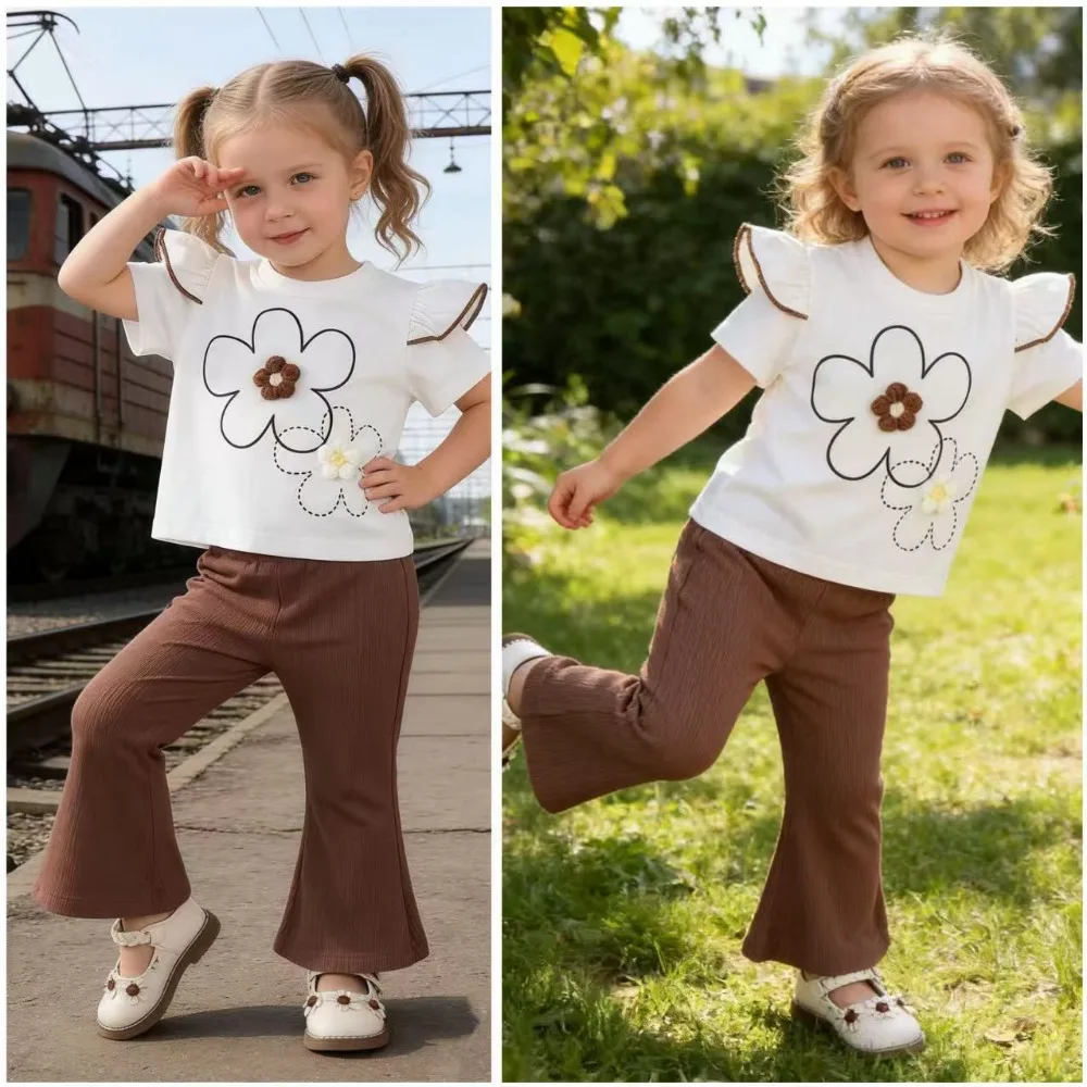 2026 New Spring Summer Girls 2 Piece Set European Style Crew Neck Flutter Sleeve Solid 3D Floral Top  Shorts for 6M-3Y