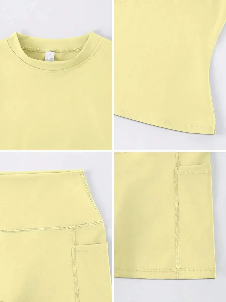 Women's Sweet Sports Short Sleeve High Waist Tummy Control Butt Lifting Shorts Set