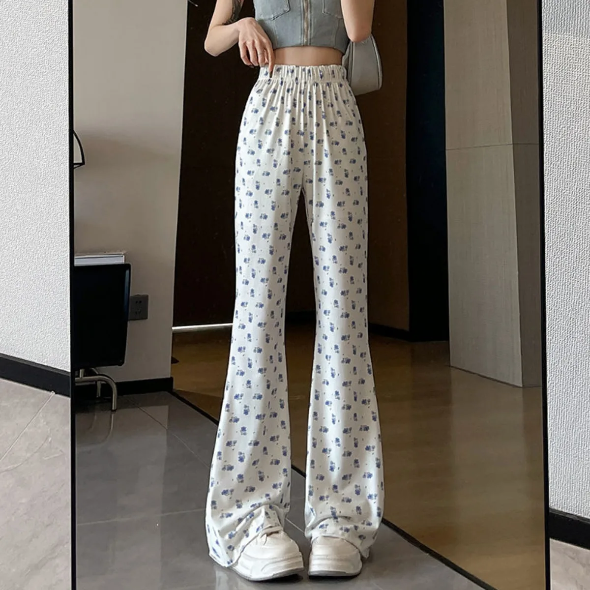 Y2k Sweet Spicy Girl Floral Micro Flared Casual Pants for Women in Summer, High Waist Super Beautiful Loose Straight Leg Pants
