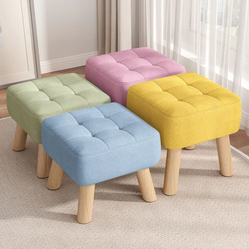 

Dia30cm Round Foot Rest Stool Linen Fabric Padded Seat Pouf with Non-Skid Wooden Legs Living Room Stool