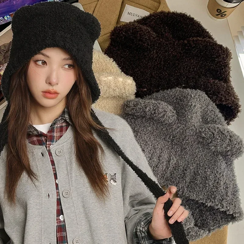 2023 Fashion Knitted Winter Plush Bear Bonnet Berber Fleece Hat Lace Cute Women Warmer Cold-proof Outdoor Hat Skullcap Beanies