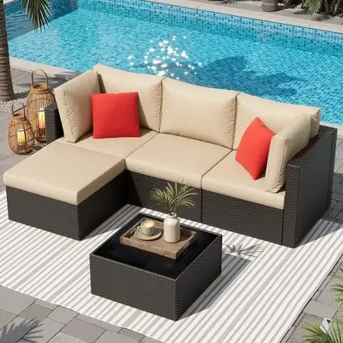 5 Pieces Patio Furniture Sets Outdoor All-Weather Sectional Patio Sofa Set PE Rattan Manual Weaving Wicker Patio