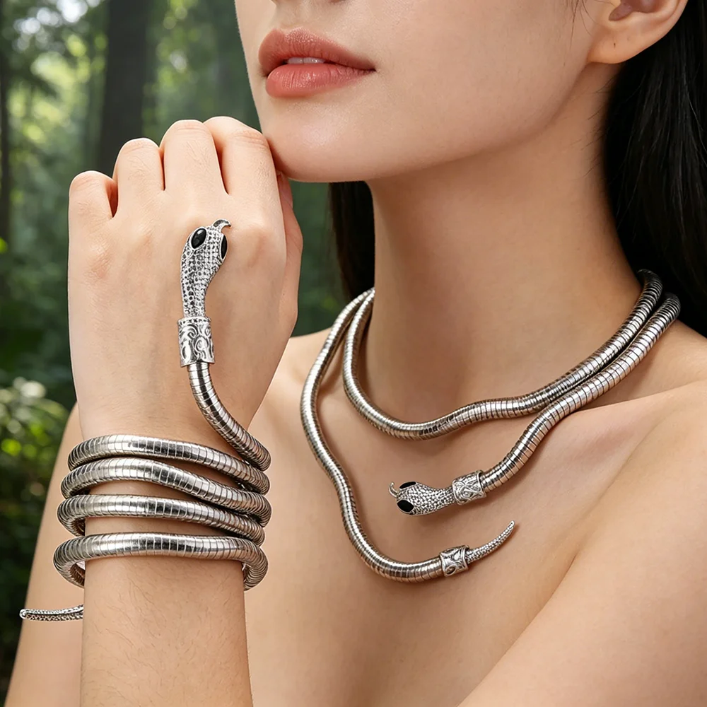 Punk Hip Hop Metal Adjustable Snake Necklace Bracelet Multi-Function Necklace For Women Party Jewelry Gift