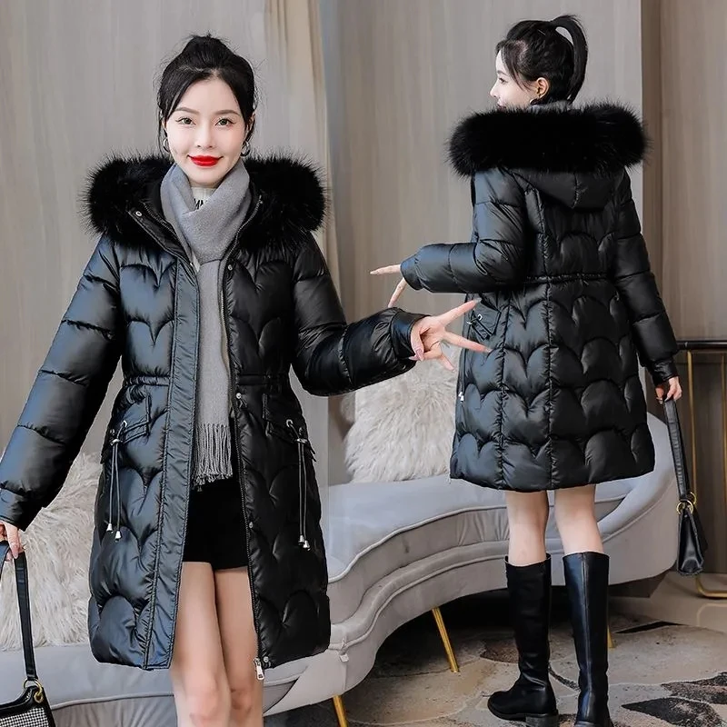 

2023New Winter Jacket Women Parkas Long Fur Collar Hooded Loose Glossy Cotton Padded Coat Warm Parka Outerwear Female Casual Top