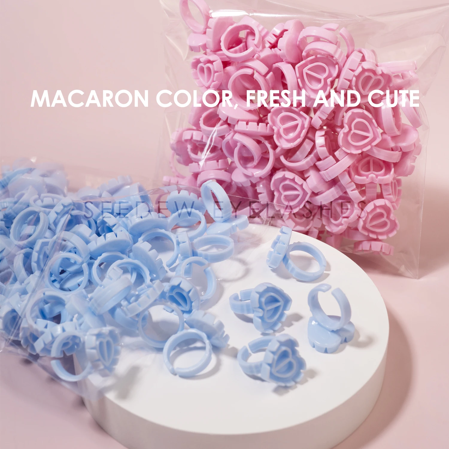 SEEDEW 100 unidades de anel de cola descartável para extensão de cílios rosa/azul copo de plástico para cílios