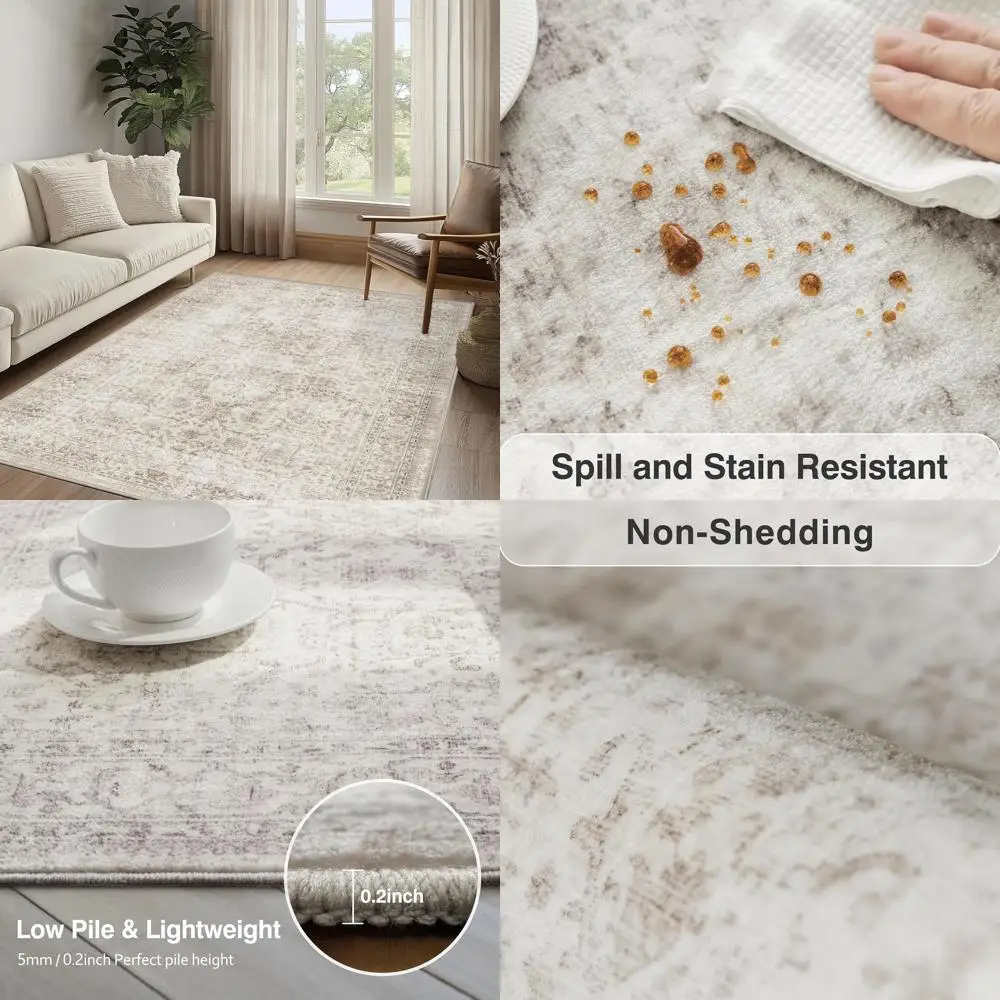 

Vintage Beige Washable Low Pile Indoor Carpet, Soft Floral Mat for Living Spaces, Bedrooms, and Dining Areas