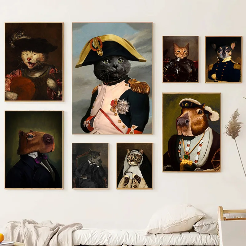 Historical Vintage Pet Portraits Cat and Dog Portrait Nordic Poster, Wall Photo for Living Room, Home Decor, Art Canvas Painting