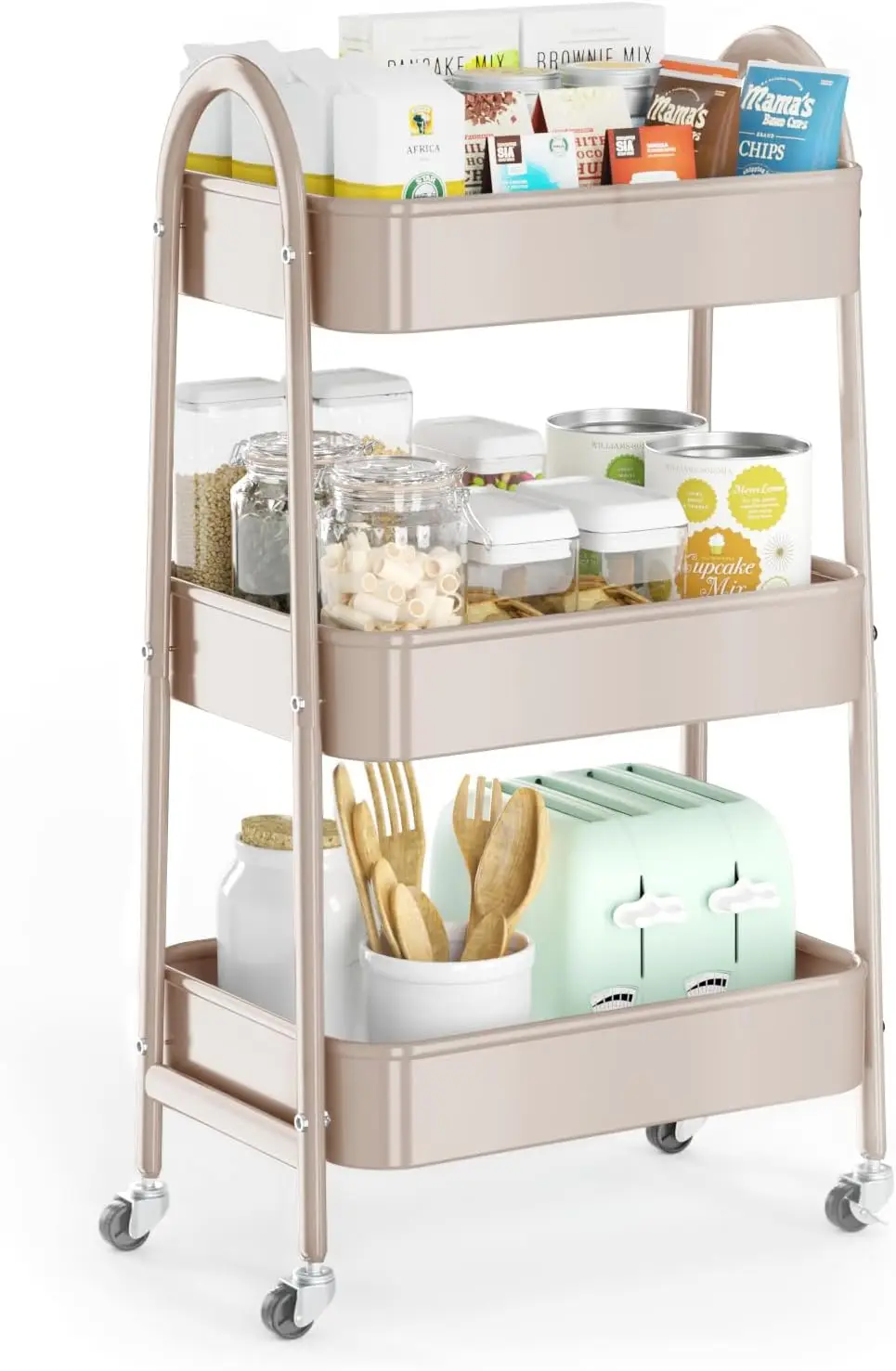 Chariot de rangement roulant à 3 niveaux avec roulettes verrouillables, organisateur multifonctionnel pour cuisine, bureau, garage en beige