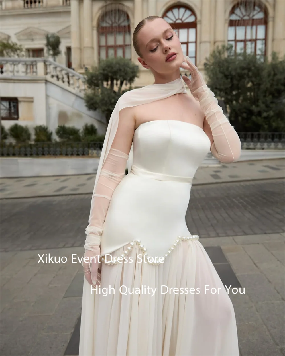 Xikuo Gaun Malam Merah Muda Dipangkas Mutiara Gaun Dansa Pesta Pita Tipis Gaun Prom Punggung Berenda A Line Tanpa Tali Disesuaikan