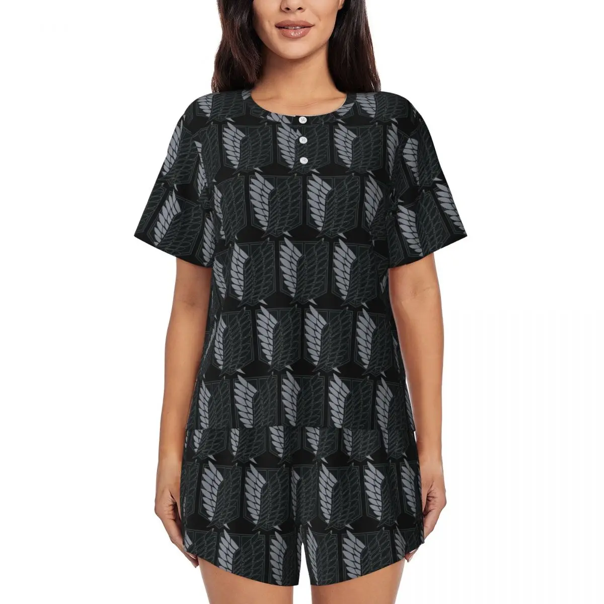 

Ночные рубашки Attack On Titan с круглым вырезом и короткими рукавами для сна, женские свободные пижамные комплекты с короткими брюками