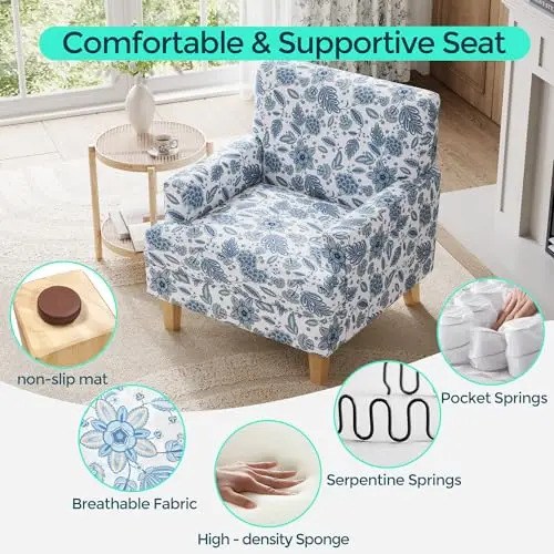 

Blue Floral Upholstered Armchair With Rubberwood Legs, Mid-Century Style Single Seat For Living Room, Bedroom Or Study